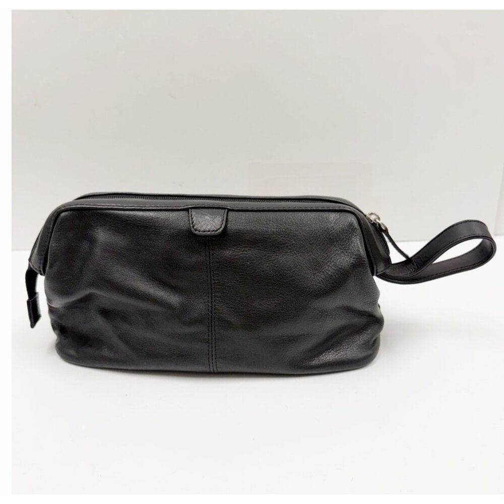 Brookstone Travel Toiletry Organizer Hygiene Cosmetic Bag Black Genuine Leather